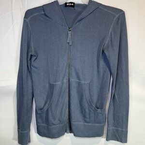 MILA Women's Small Zip Up Hoodie Blue Steel Light Pockets Drawstring Full Zipper